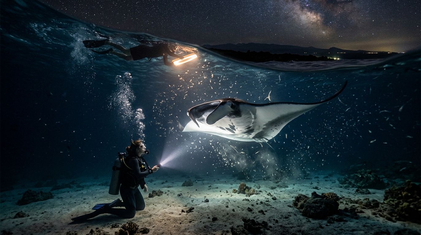 Diver with flashlight under water observing a manta ray at night with a person snorkeling above.