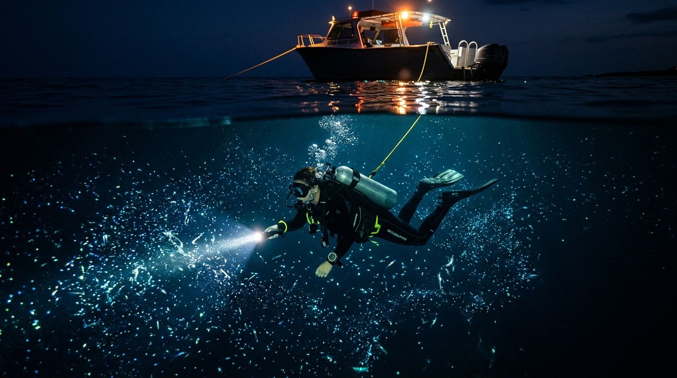 Diver with flashlight underwater at night, boat on surface.
