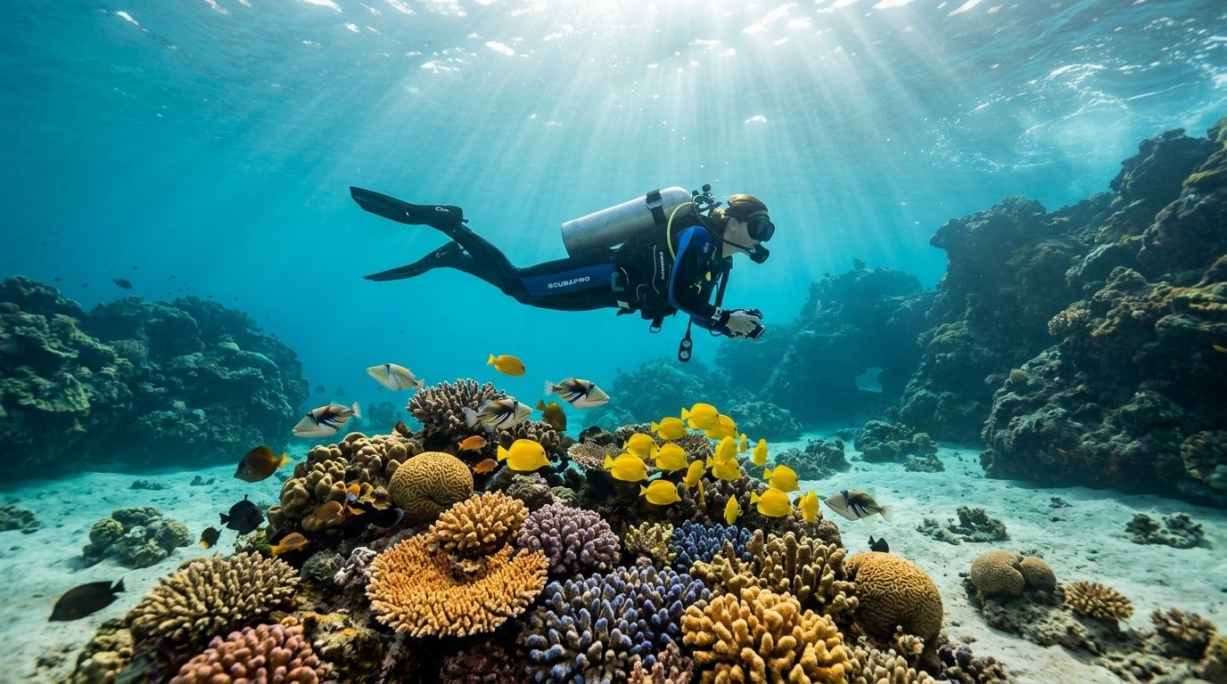 Scuba diver swimming over colorful coral reef with fish.