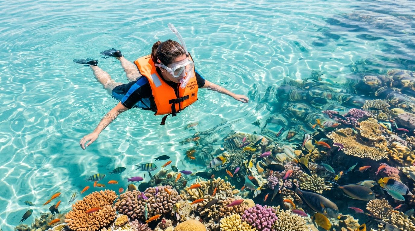 Person snorkeling over vibrant coral reef in clear blue water.