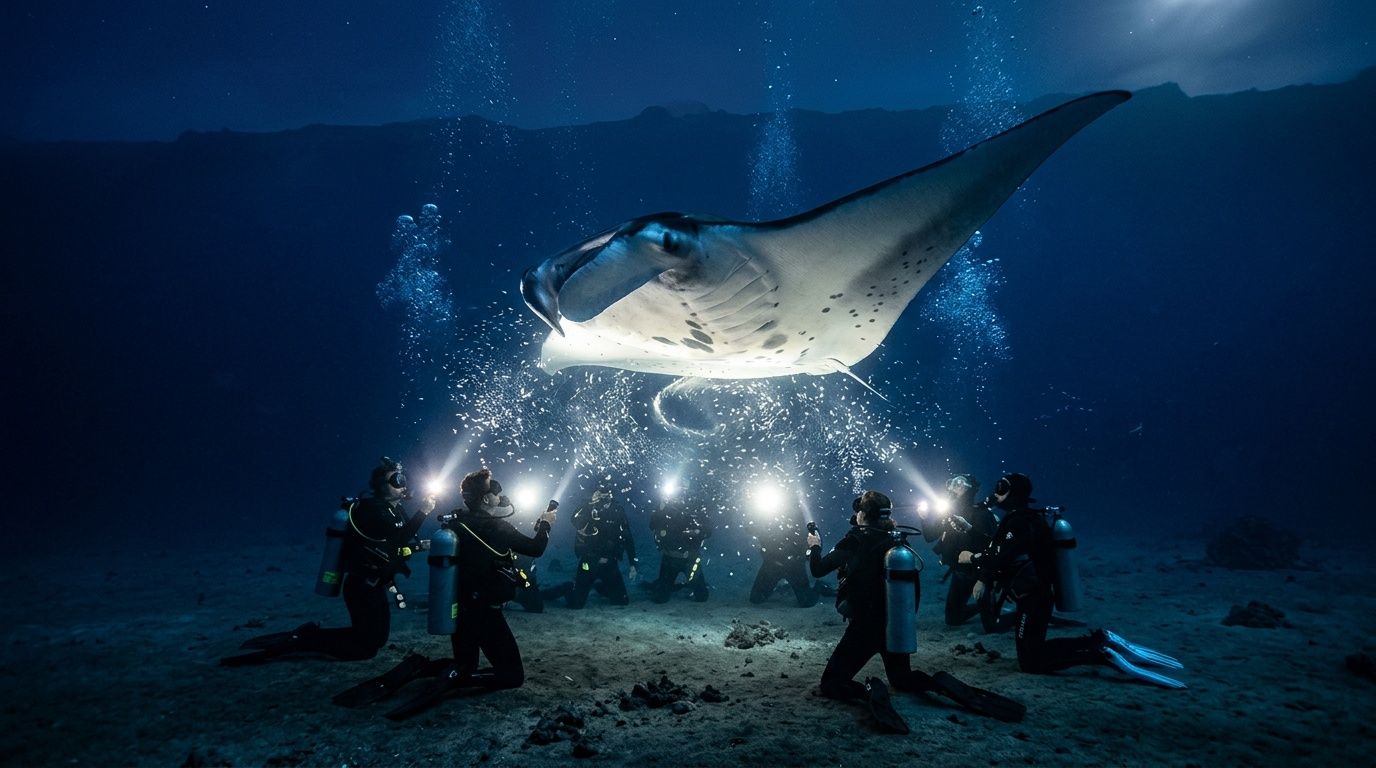 Divers illuminate a large manta ray underwater at night, surrounded by bubbles.