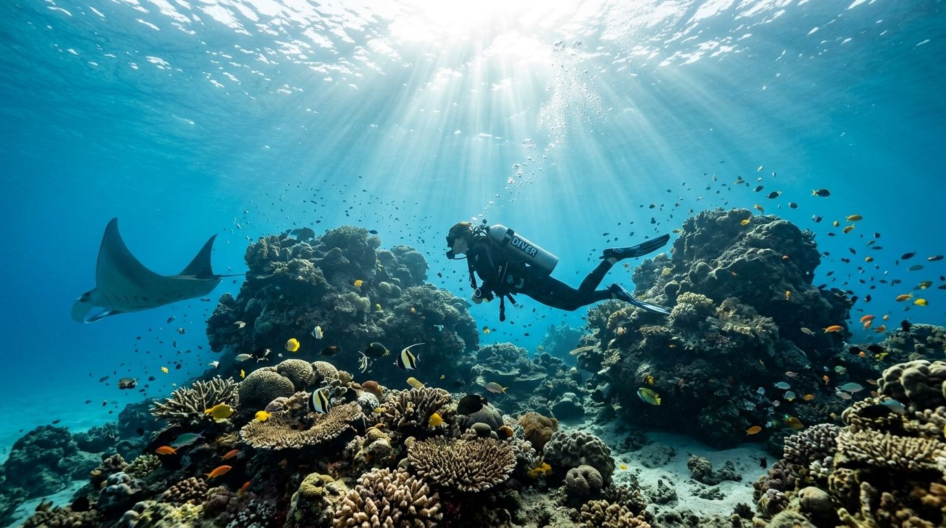 Diver swimming near coral reef with manta ray in clear ocean water.