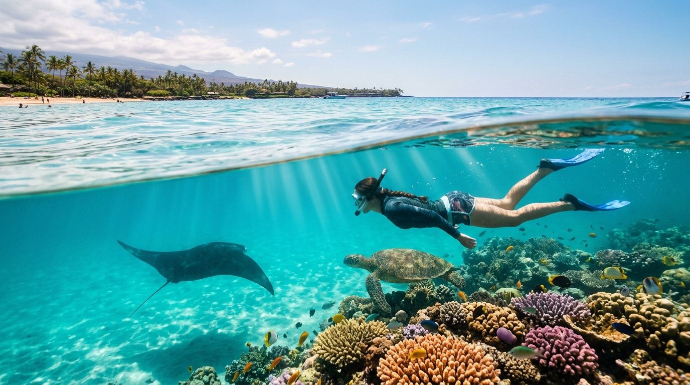 Snorkeler with sea turtle and manta ray over colorful coral reef.