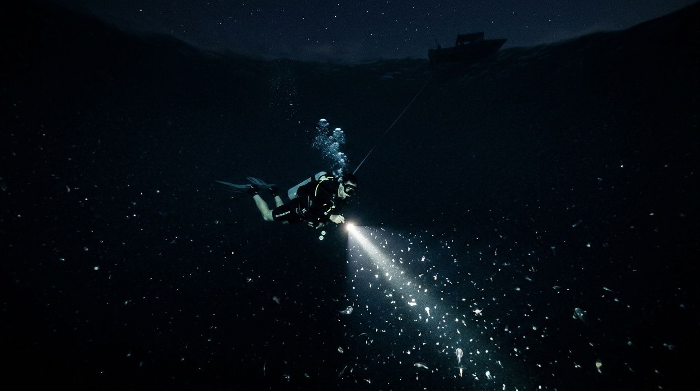 Scuba diver with flashlight underwater at night, boat visible above.
