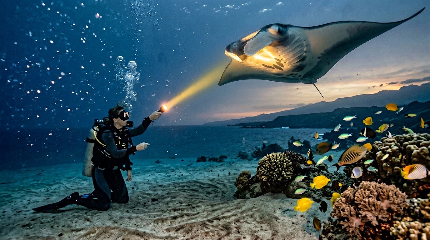 Diver with flashlight observing a manta ray swimming over a coral reef with tropical fish.