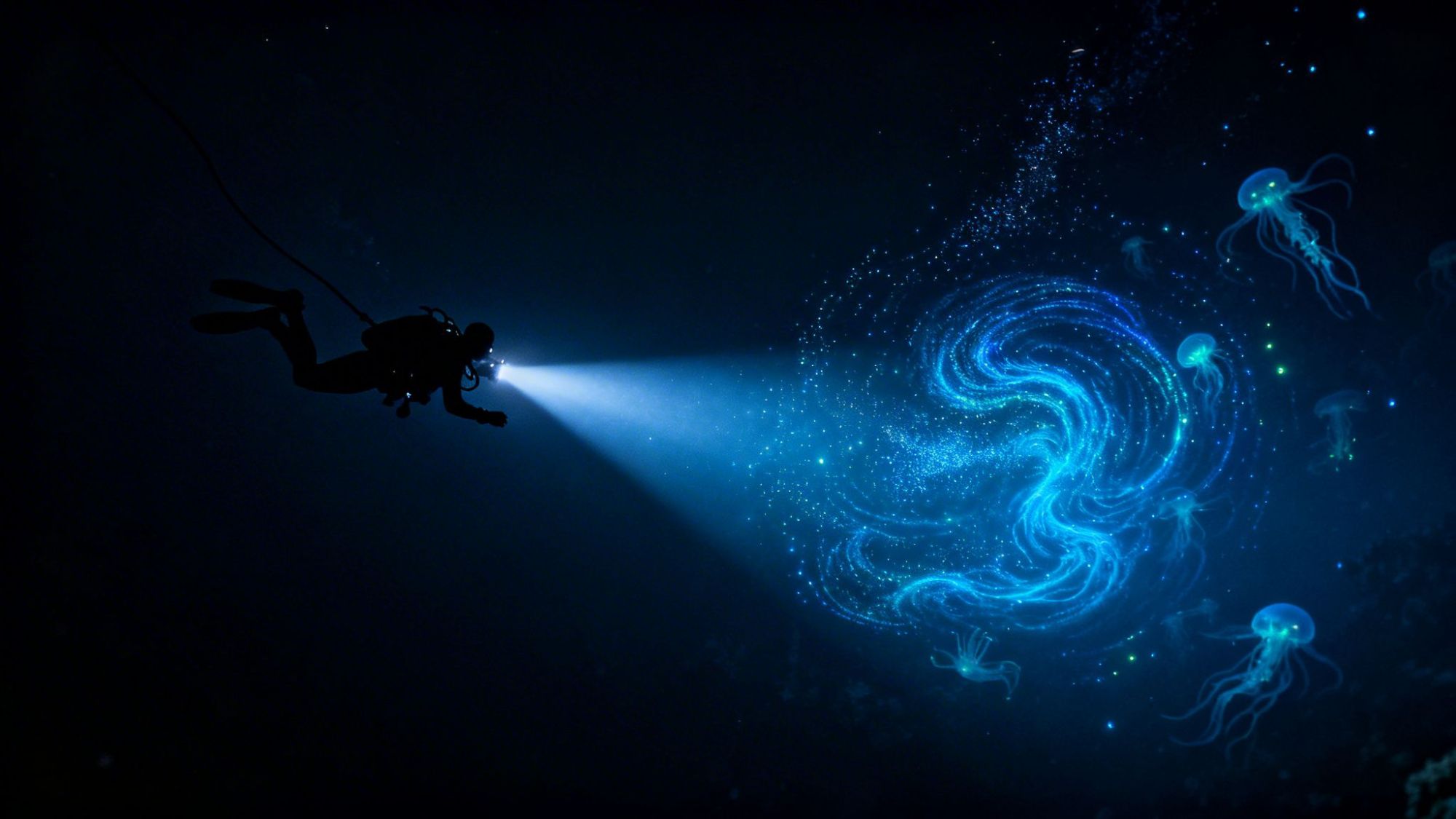 Diver shines light on glowing jellyfish and swirling blue pattern in dark water.