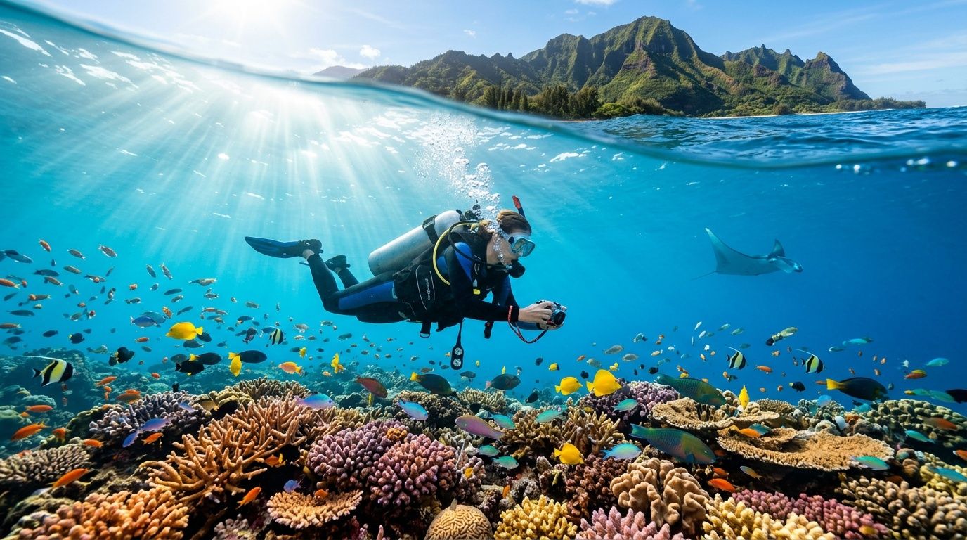 Scuba diver underwater with colorful coral reef and fish, mountains visible above water.