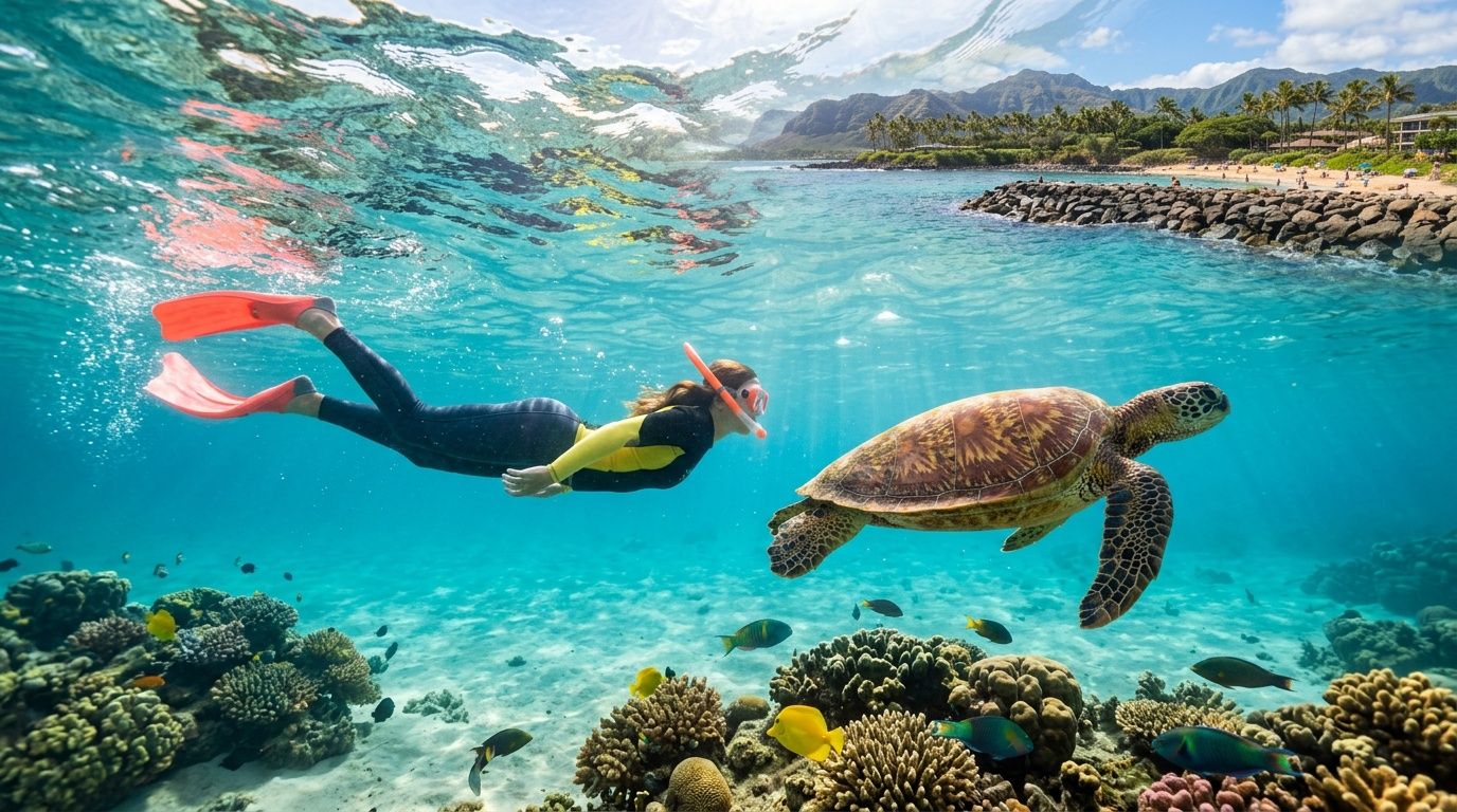 Person snorkeling near a sea turtle in clear water, with coral and fish below and a beach in the background.