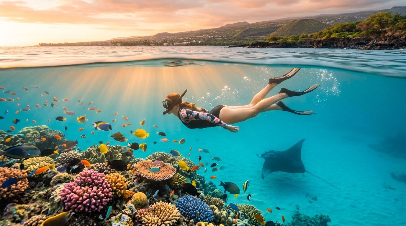 Woman snorkeling over vibrant coral reef with colorful fish and a manta ray in clear blue water.