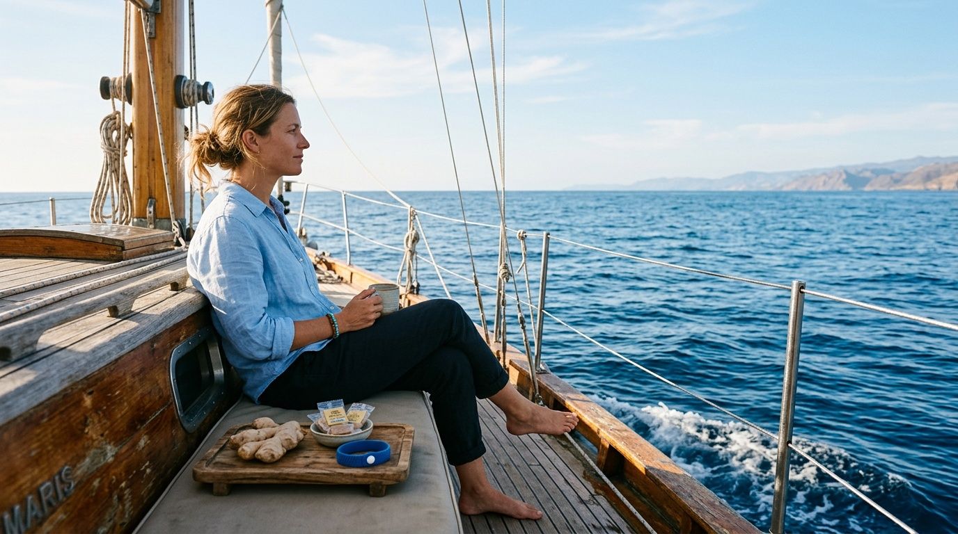 Person sitting on sailboat deck, holding mug, overlooking the ocean.