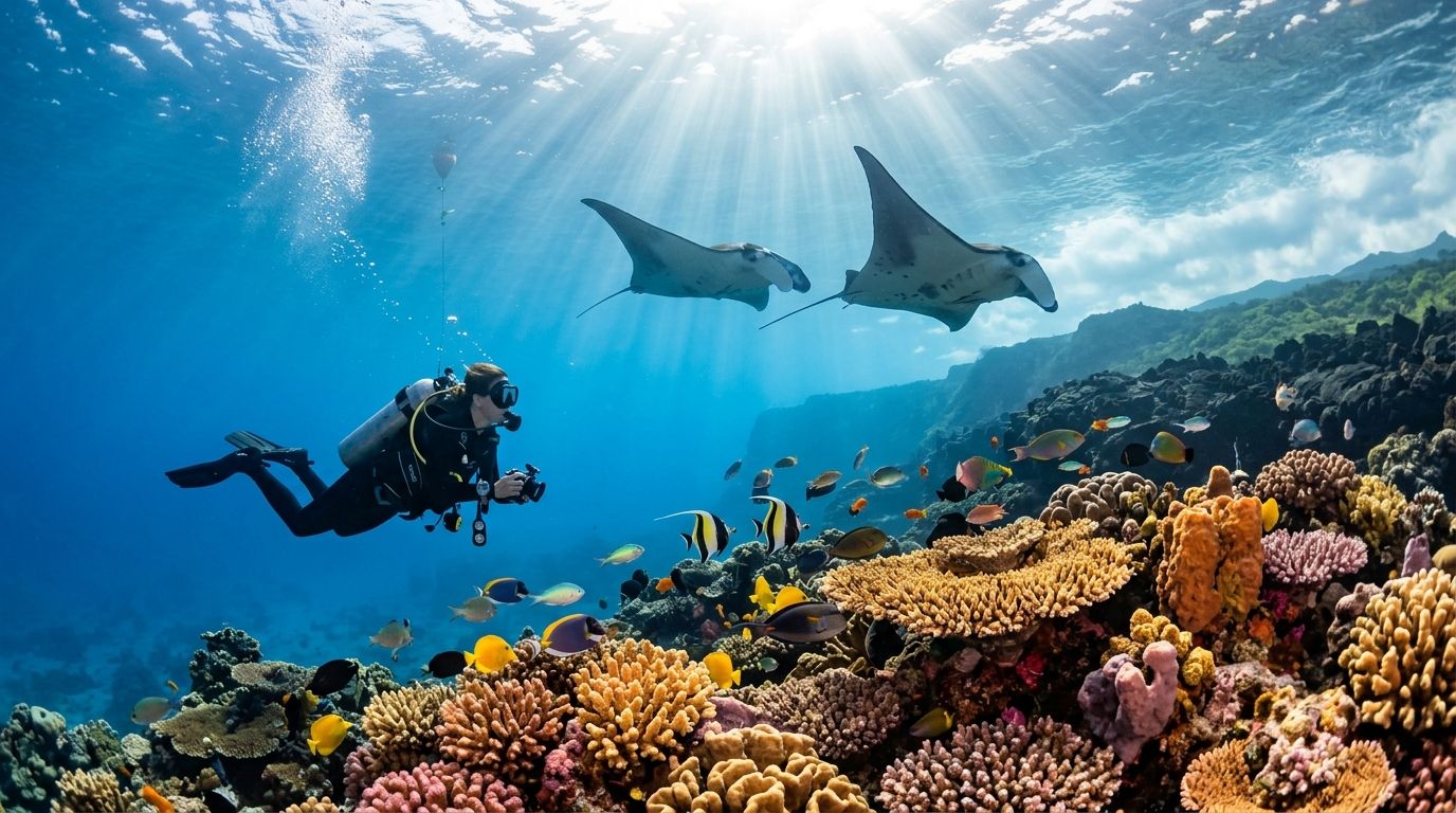 Diver underwater with coral reef, colorful fish, and two manta rays in bright blue ocean.