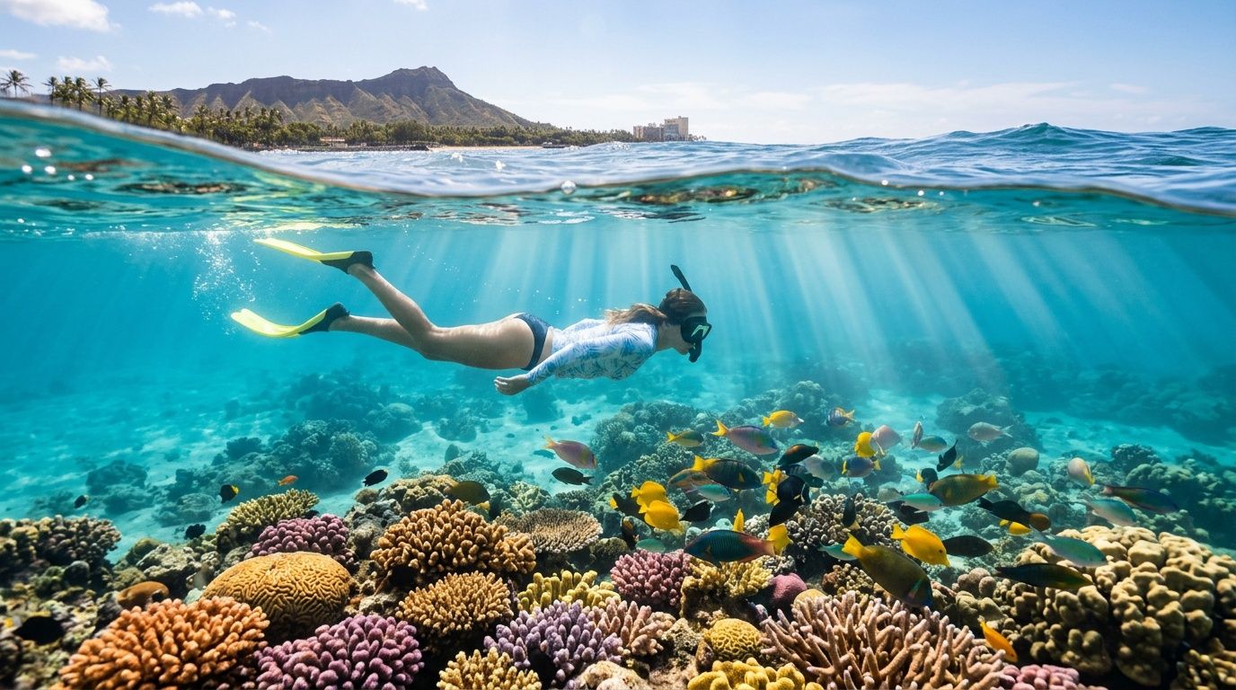 Person snorkeling over colorful coral reef with fish, mountain in background.