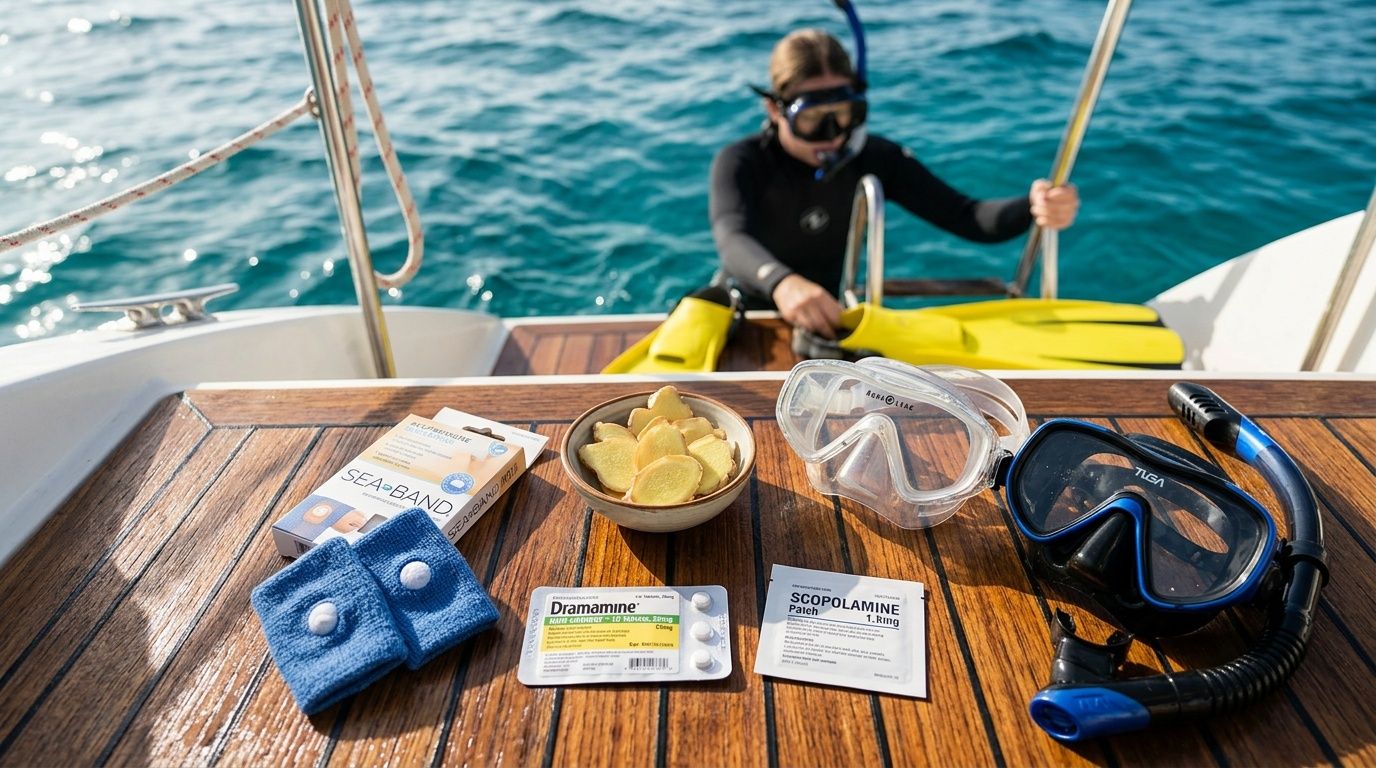 Diver climbing boat ladder, snorkeling gear, snacks, and motion sickness remedies on deck.