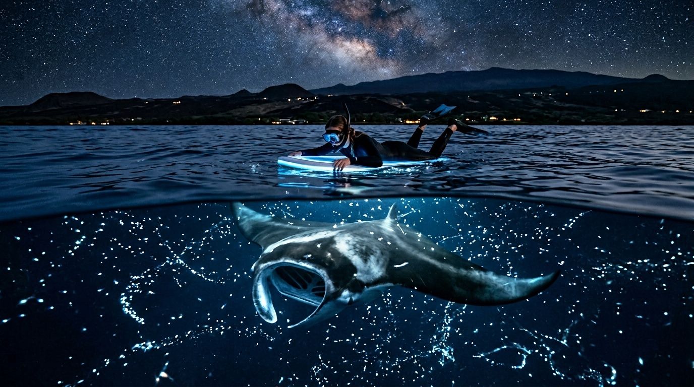 Person snorkeling above a manta ray in bioluminescent water under a starry sky.
