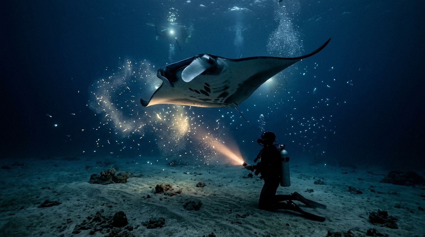 Scuba diver illuminating a giant manta ray underwater at night with bioluminescent particles.