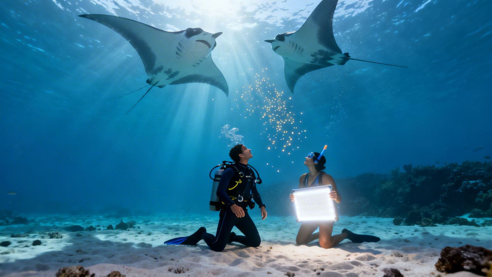 Two divers under two manta rays, one holding a reflective panel, in a sunlit underwater scene.