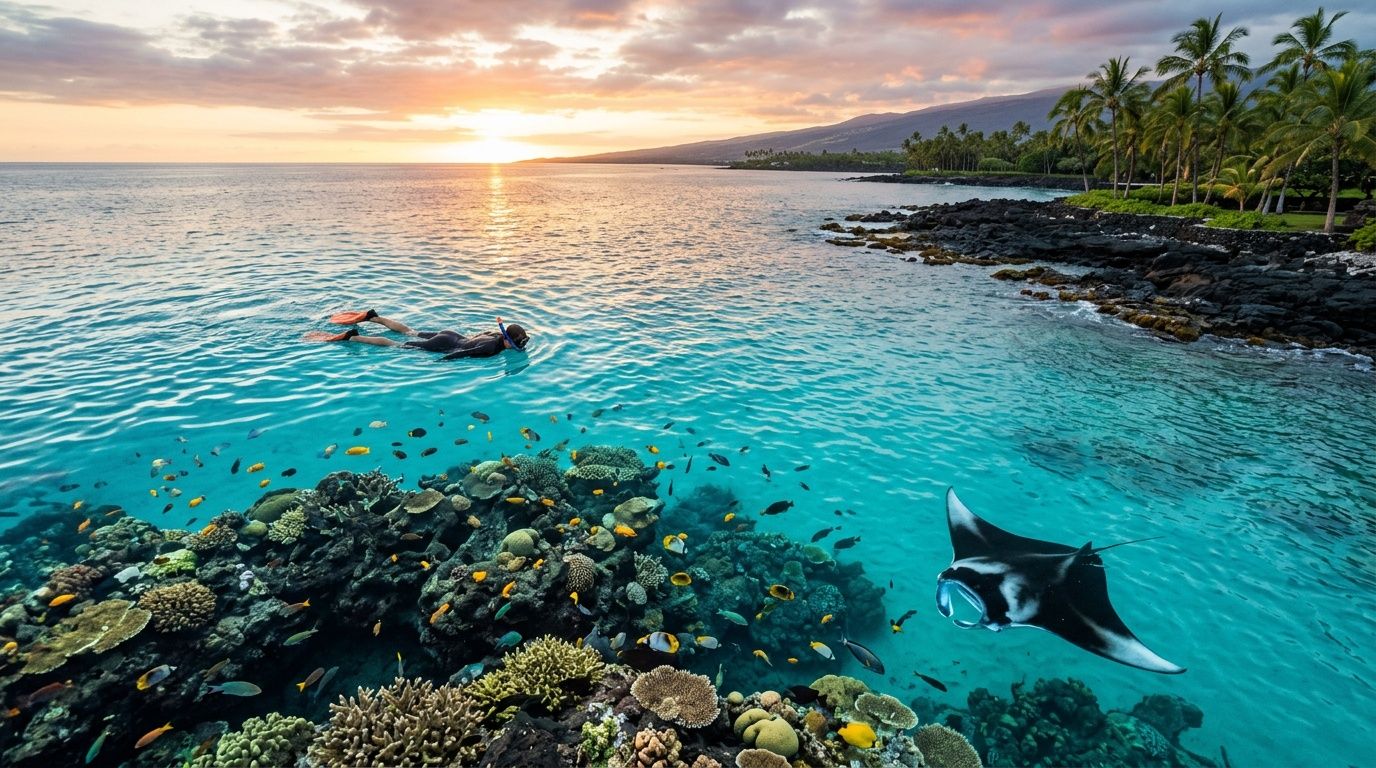 Snorkeler and manta ray near coral reef at sunset, tropical beach.