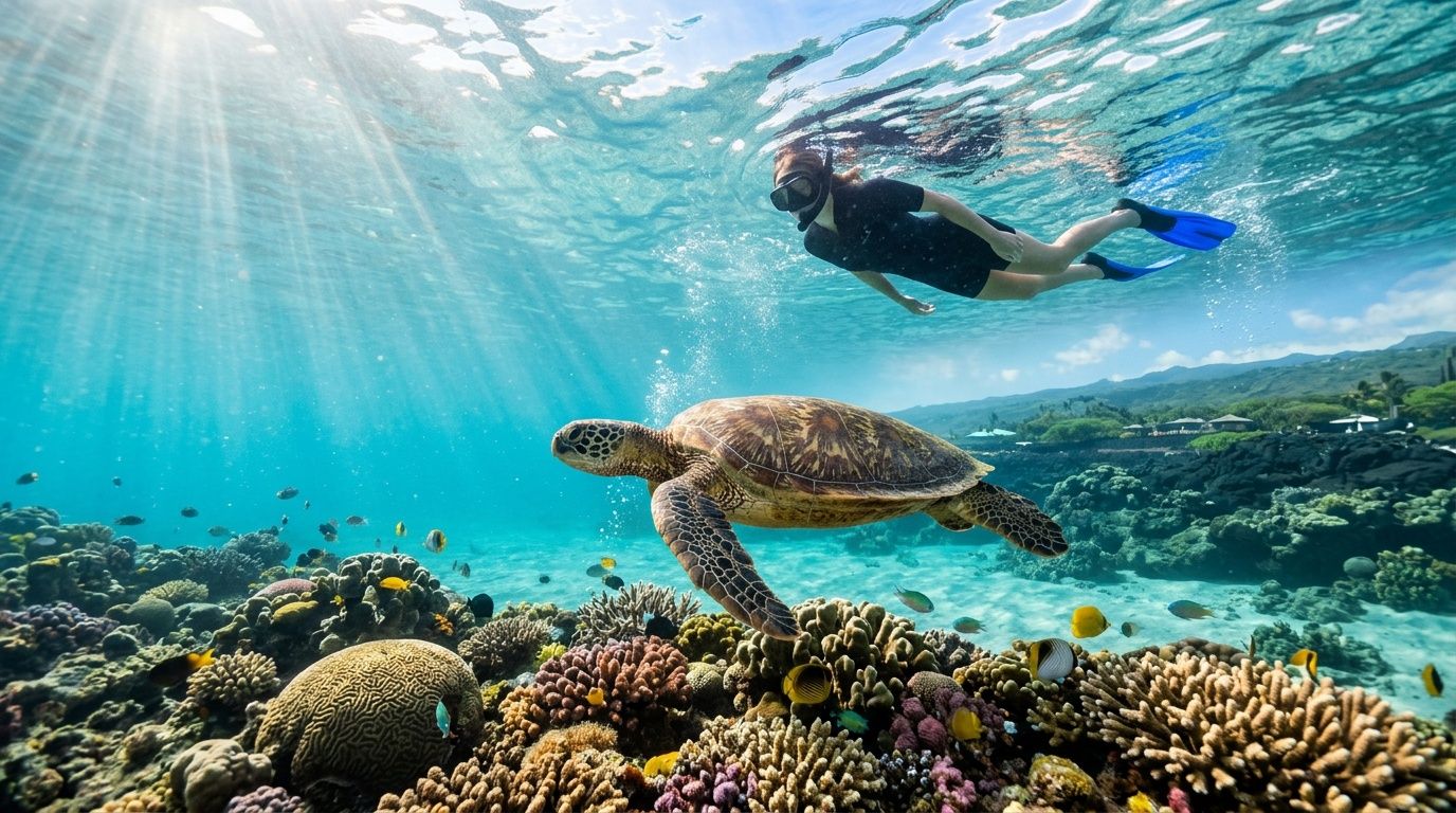 Person snorkeling near a sea turtle above a vibrant coral reef in clear blue water.