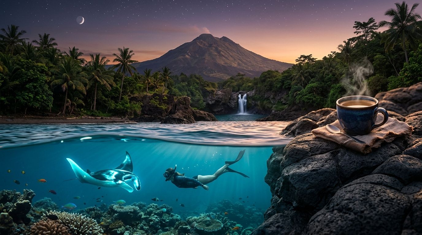Diver and manta ray underwater, tropical island, volcano, waterfall, and coffee cup at sunrise.