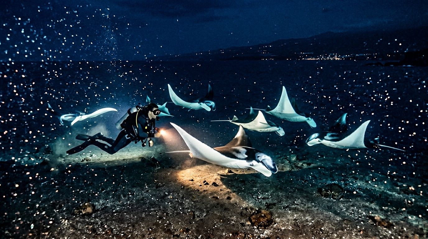 Diver and manta rays swim underwater at night with bubbles and distant lights.