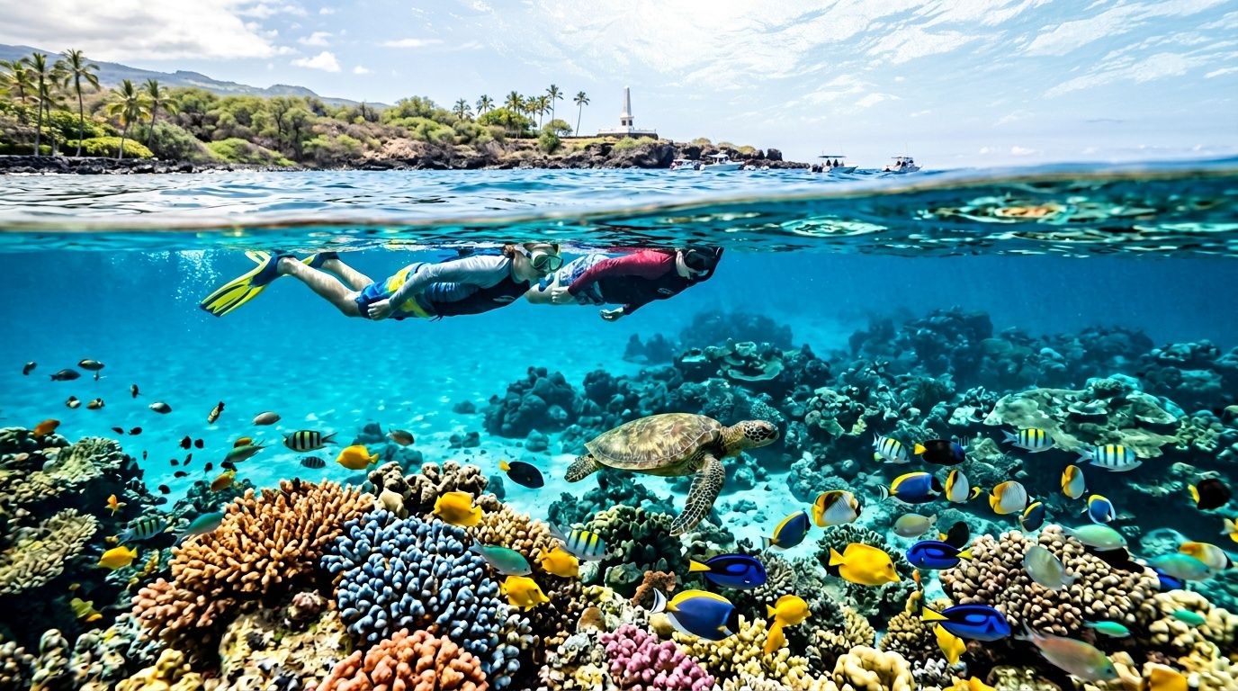 Two snorkelers swimming above colorful coral reef with fish and a turtle in clear blue ocean water.