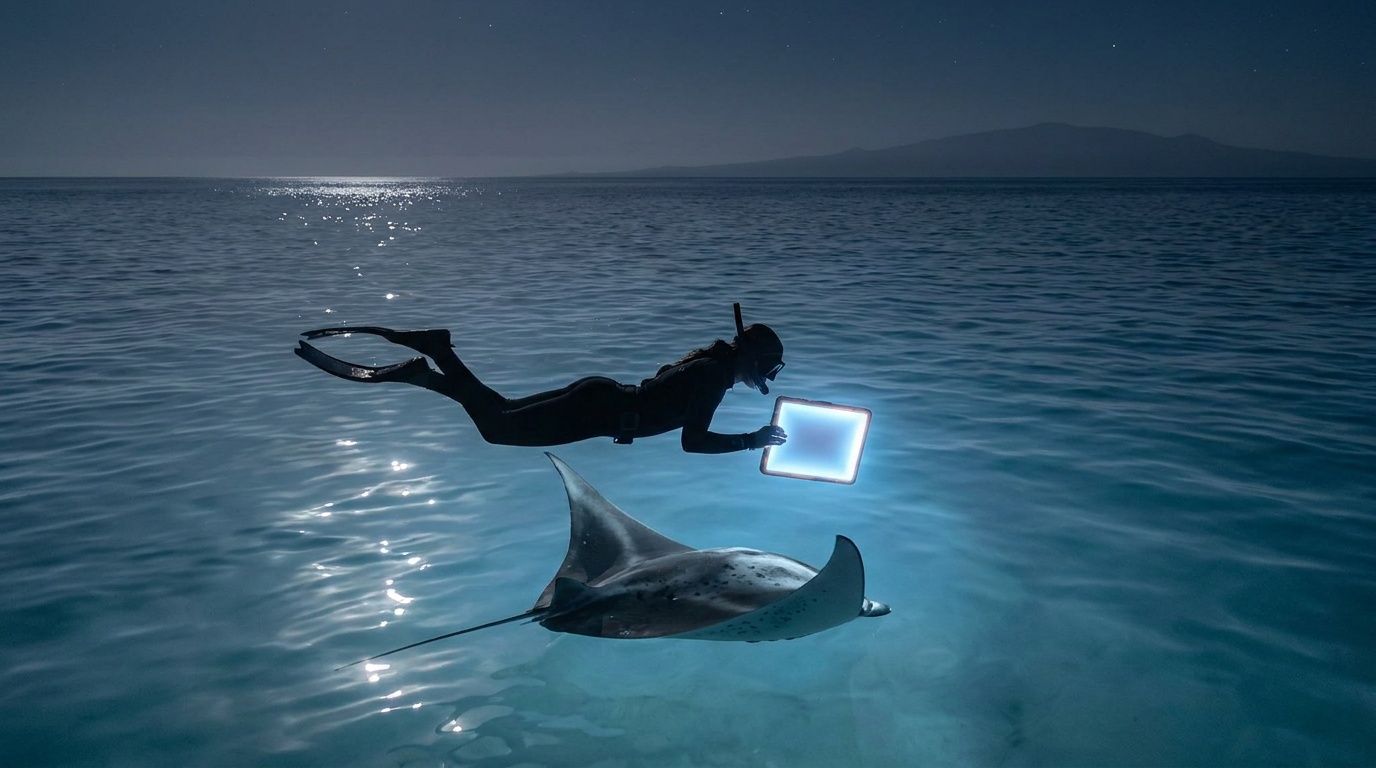 Diver with a tablet swimming above a manta ray in clear ocean water.