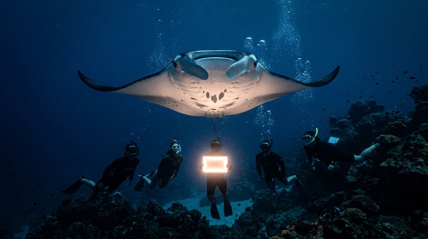 Divers underwater with a manta ray, one holding a glowing sign.