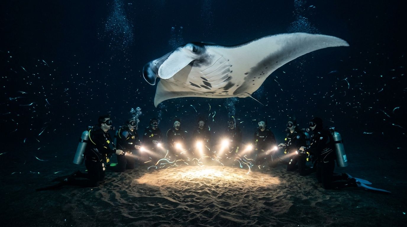 Divers with lights surround a manta ray underwater.