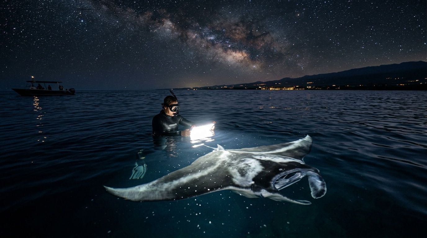 Diver with light near manta ray under starry night sky.
