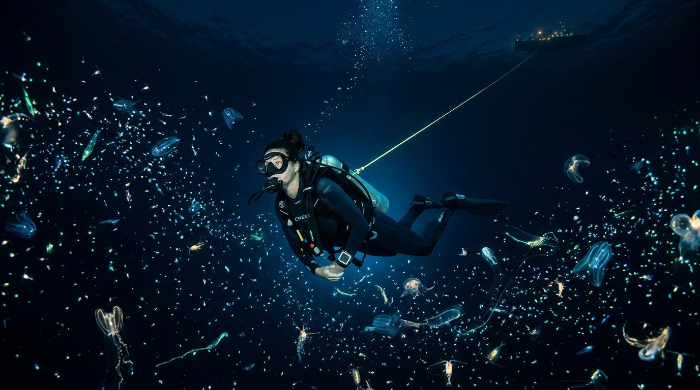 Diver underwater surrounded by glowing jellyfish and sea creatures, tethered to a ship above.