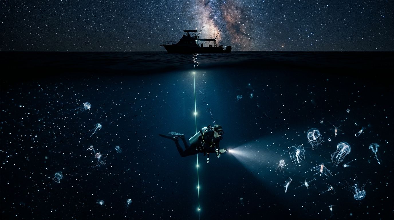 Diver with flashlight beneath boat, surrounded by glowing jellyfish, under a starry night sky.