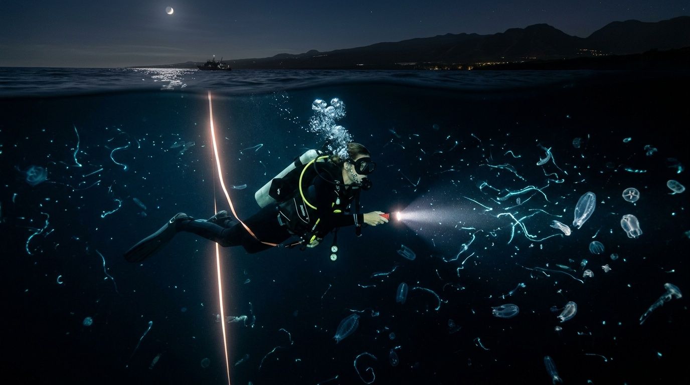 Diver with flashlight exploring bioluminescent sea creatures at night.