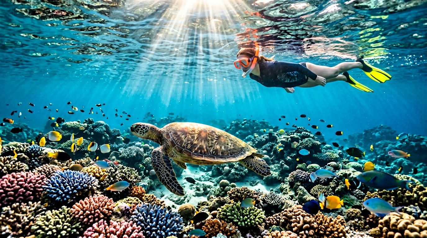 Snorkeler swims near a sea turtle and colorful coral reef underwater.