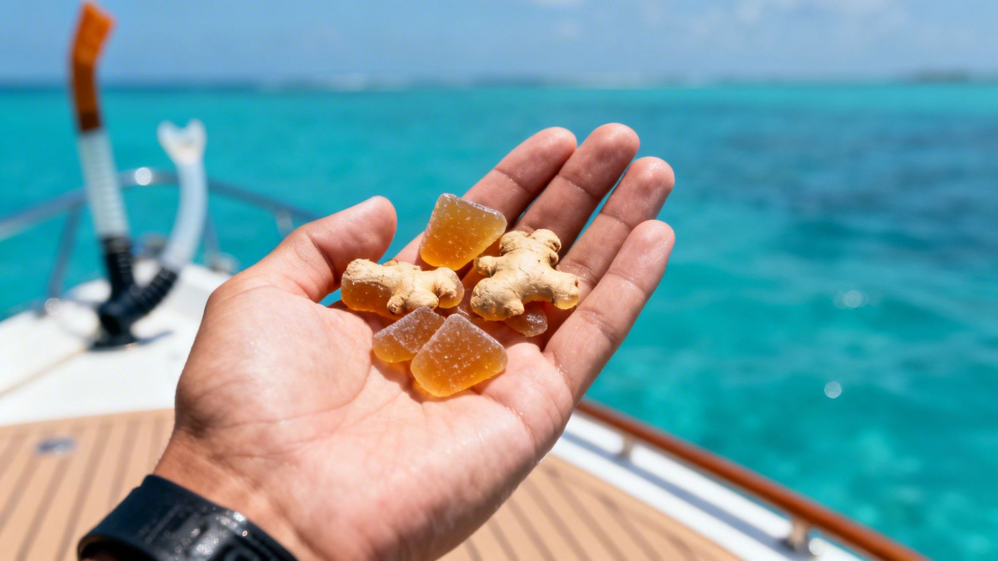 Hand holding ginger pieces and gummies on a boat with ocean background.