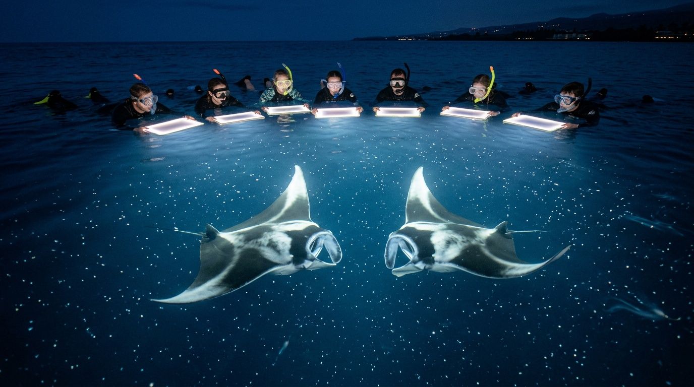 Group snorkeling at night with two manta rays illuminated underwater.