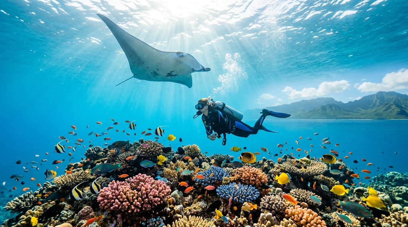 Scuba diver near coral reef with colorful fish and manta ray in clear ocean water.