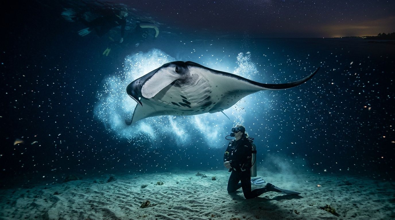 Scuba diver kneels on ocean floor, observing a manta ray illuminated by light, with particles floating around.