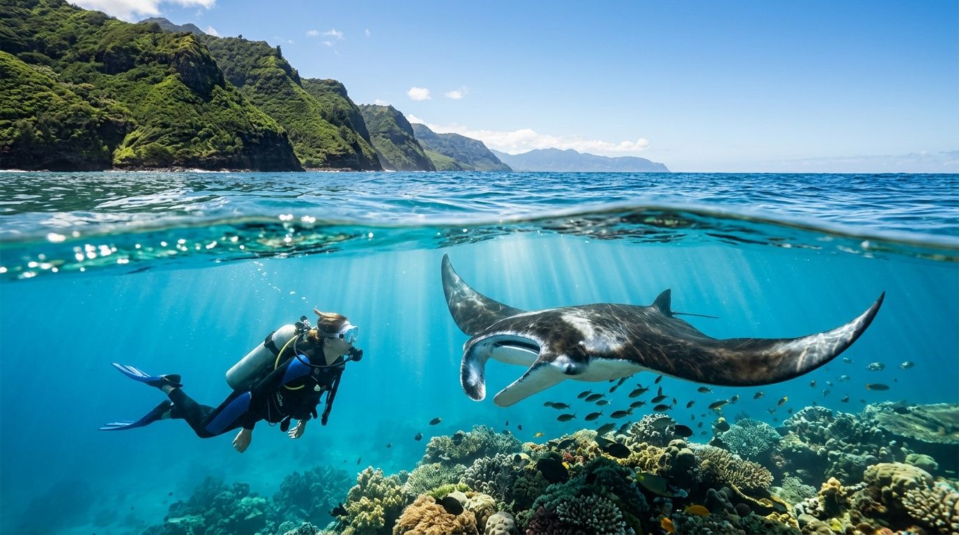 Diver swimming with manta ray in clear ocean near lush green mountains.