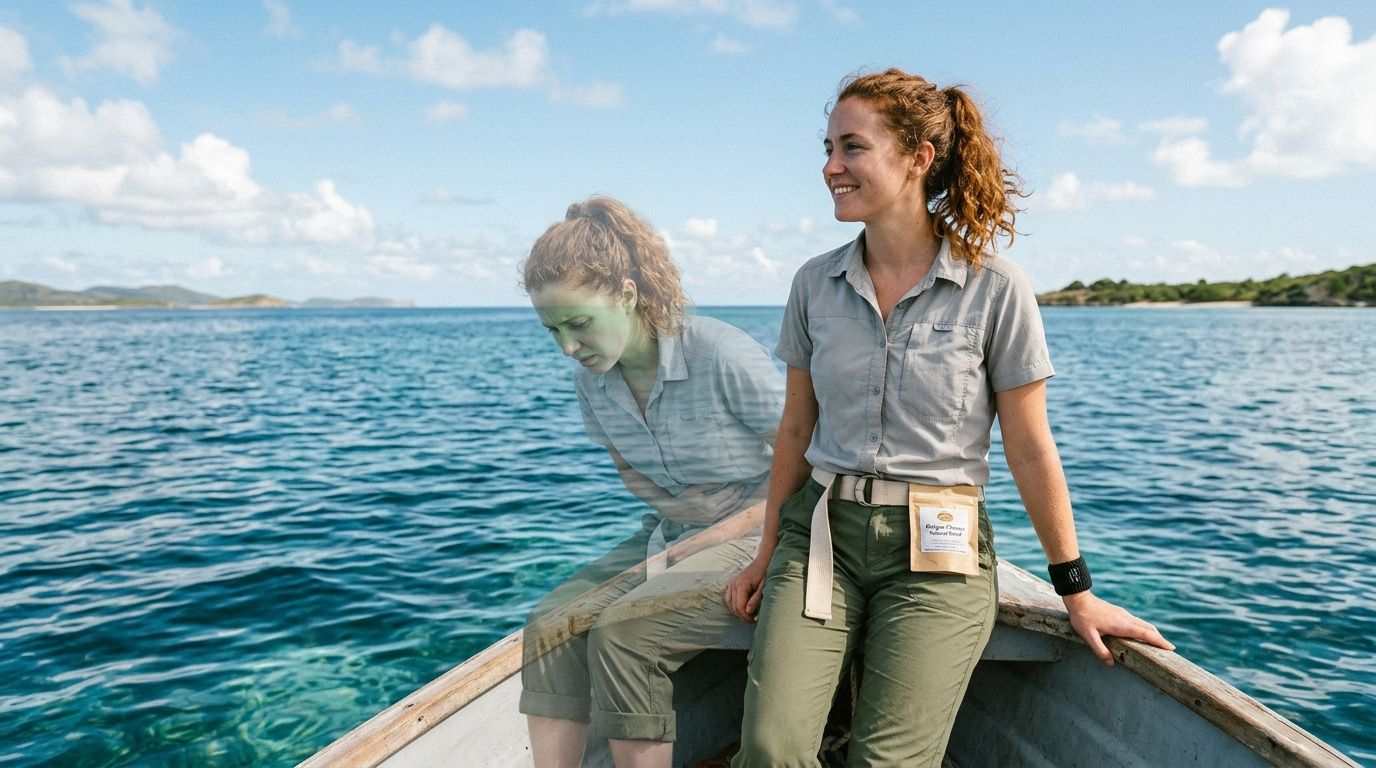 Woman smiling on boat with scenic ocean view, accompanied by a faded duplicate of herself.
