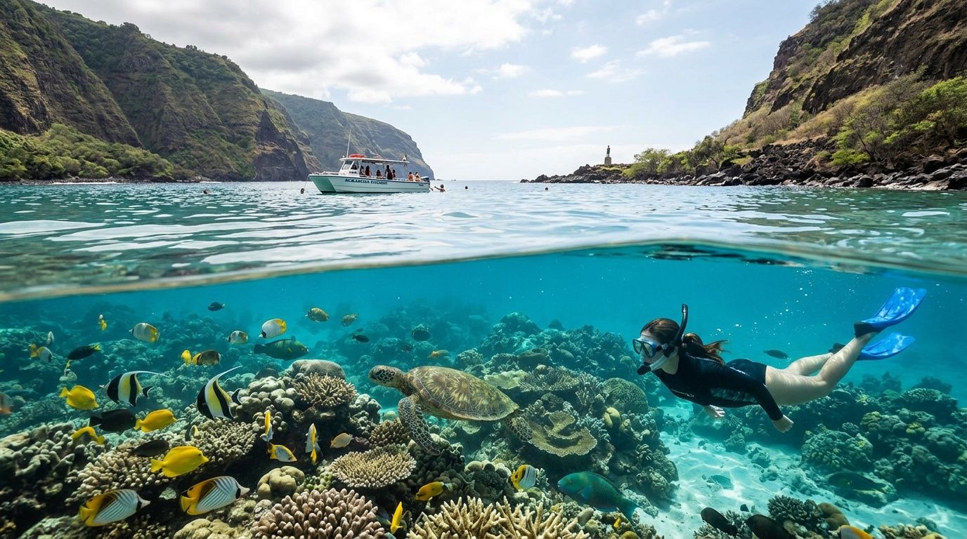 Snorkeler swims near coral reef with tropical fish; a boat floats on clear water near rocky cliffs.