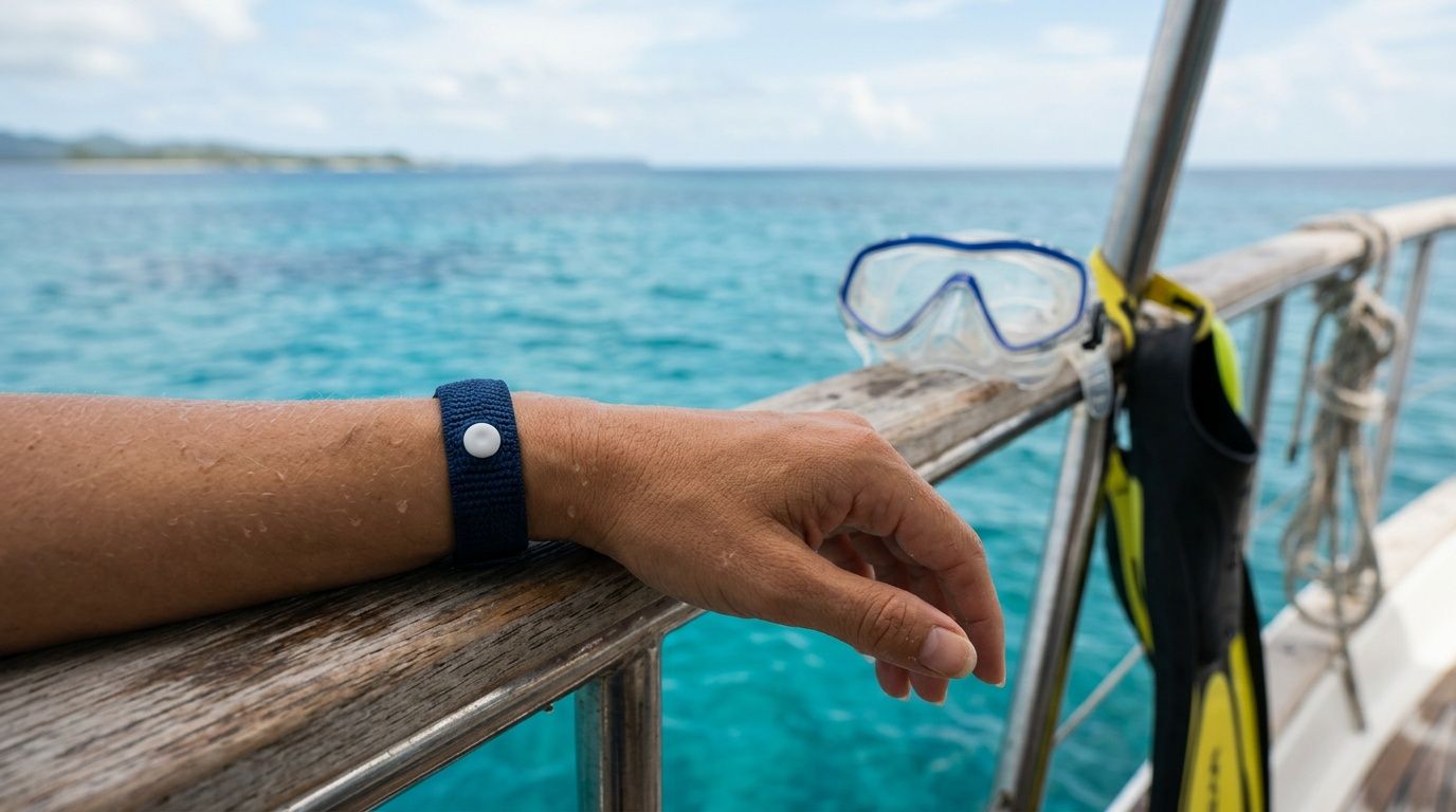 Arm with a blue wristband on a boat railing near diving gear and ocean.