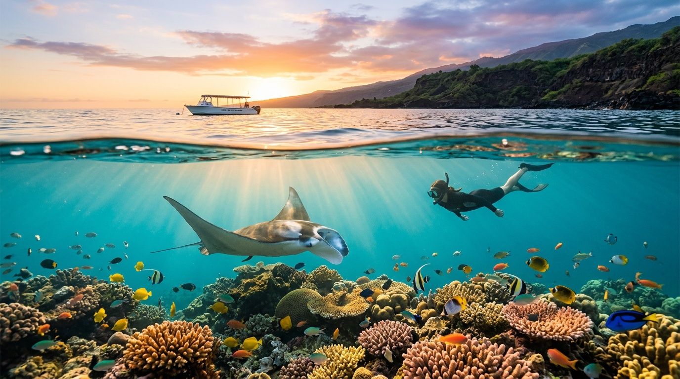 Underwater scene with coral reef, manta ray, tropical fish, snorkeler, and boat on ocean surface at sunset.
