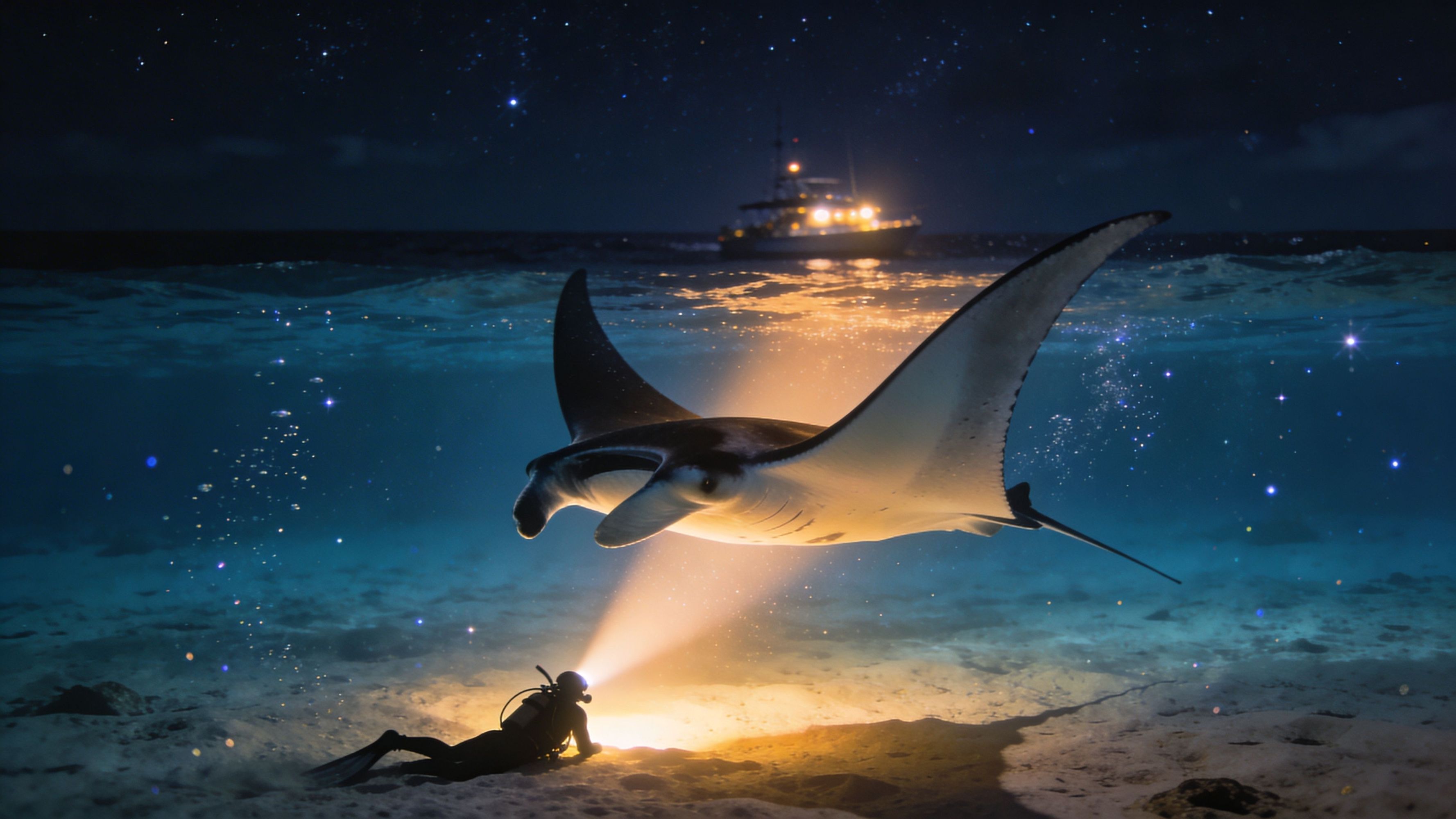 Diver with flashlight illuminates a manta ray underwater at night; a boat is visible on the surface.