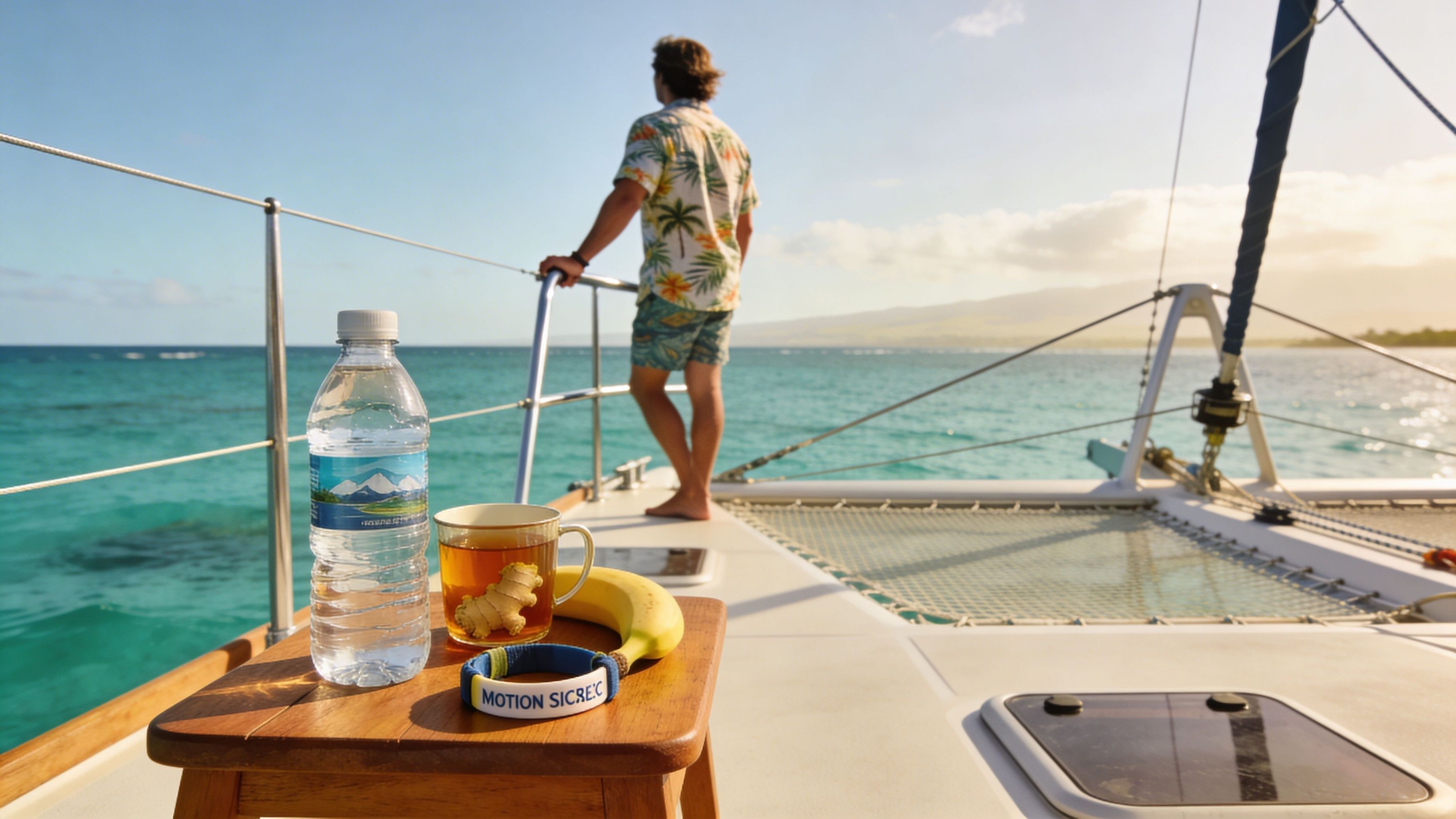 Man on boat deck; table with water, tea, bananas, wristband.