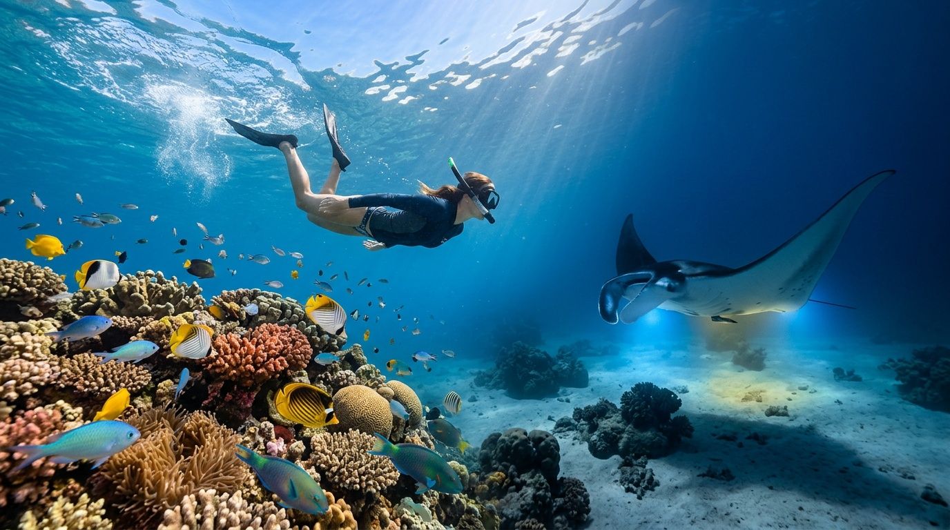 Person snorkeling near colorful coral reef and manta ray underwater.