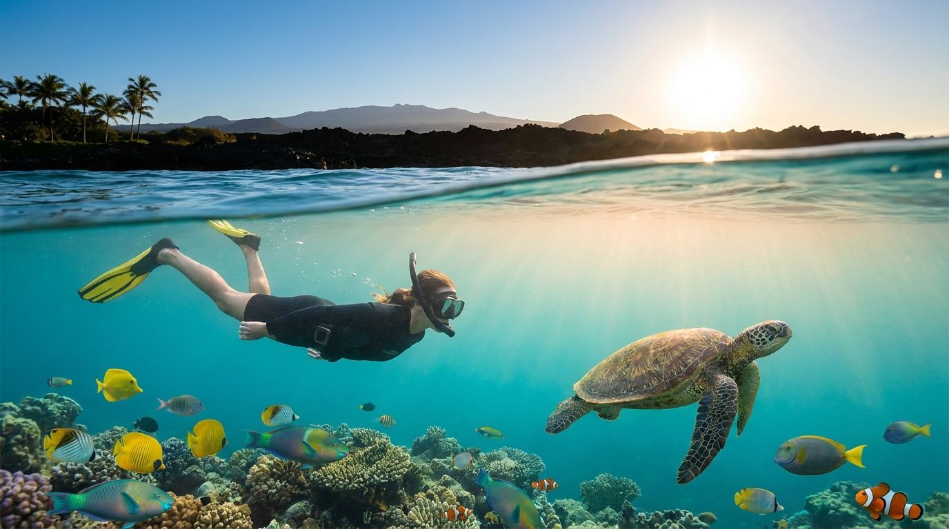 Person snorkeling near turtle and colorful fish in clear ocean with sunlit background.