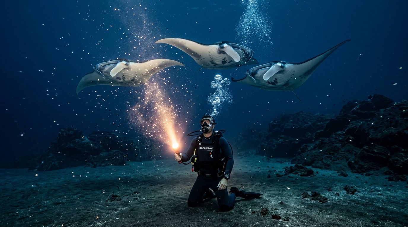 Diver with torch kneels underwater near three swimming manta rays.