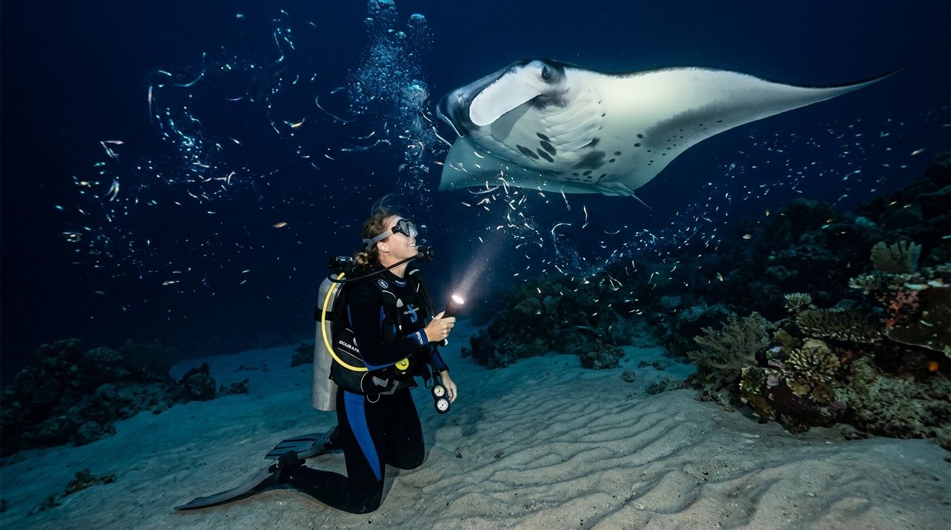 Diver with flashlight facing a manta ray underwater at night.