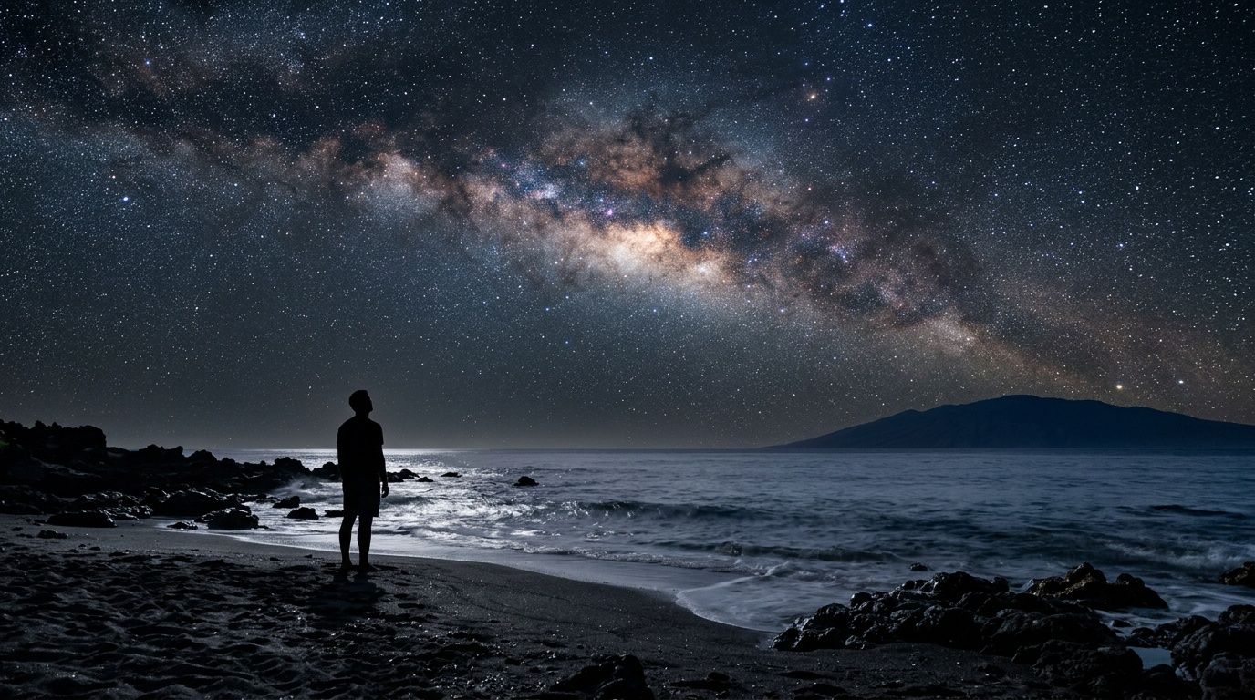 Silhouette of person on beach gazing at starry sky and Milky Way over the ocean.