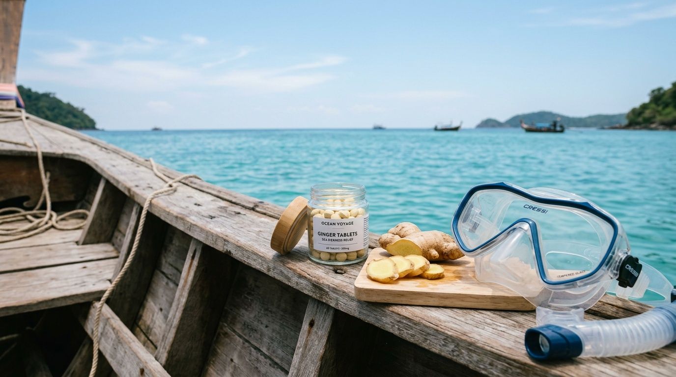 Boat with snorkel gear, ginger, and tablets on a wooden board, overlooking a tropical sea.